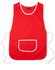 A red ladies' smock apron with white trim and a front pocket, featuring ties on the sides and a logo.