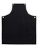 A black canvas bib apron featuring a front pocket and brass eyelets. It has a simple, sleek design.