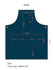 A dark blue denim bib apron featuring multiple pockets and a logo. Measurements are included in the design.
