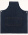 A denim bib apron in a dark blue shade featuring a front pocket and metal eyelets. It has a simple, classic design.