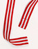 Red and white striped apron straps featuring a logo and finished ends.