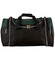 A black and green duffle bag with dual handles and zippered compartments, featuring a logo.