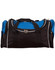 A black and blue duffle bag with a zippered main compartment and side pockets, featuring sturdy handles.
