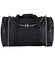 A black duffle bag with contrasting white piping, featuring dual handles and a zippered closure. It has a logo.