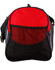 A duffle bag featuring a red top, black base, and mesh front panel, with an adjustable shoulder strap and a logo.