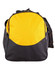 A black and yellow duffle bag with a single shoulder strap and a logo on the front.