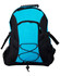 A black and turquoise backpack with adjustable straps, mesh pockets, and a bungee cord design on the front.