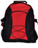 A red and black backpack with adjustable straps, mesh side pockets, and a bungee cord design on the front.