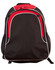 A black and red backpack with white trim, featuring multiple compartments and mesh side pockets. It has a logo.