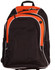 A black backpack with orange accents and white piping, featuring mesh side pockets and a logo.