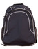 A navy blue backpack with white accents, featuring a zippered main compartment and mesh side pockets.