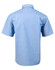 A light blue men's chambray short sleeve shirt with a collar and a logo on the back.