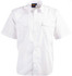 A white button-up short sleeve shirt with two front pockets and epaulettes, featuring a brand logo on the collar.