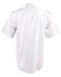 A white short sleeve button-up shirt with epaulettes and a smooth fabric texture, featuring a logo.