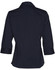 A navy women's button-up shirt with 3/4 sleeves and a collared neckline, featuring a logo.