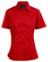 A red short sleeve button-up shirt with a fitted silhouette and a collar. It features buttons and a logo.