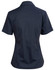 A navy blue short sleeve button-up shirt with a fitted design and a collar. Features a logo on the back.