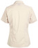 A beige short sleeve button-up shirt with a fitted design and a collar, featuring a logo on the back.