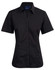 A black short sleeve button-up shirt with a collar and a logo on the tag.