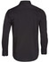 A black long sleeve button-up shirt with a smooth finish and a simple design. Features branding on the label.
