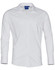 A white long sleeve button-up shirt with a pocket and an attached logo on the collar.
