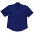 A navy short sleeve button-up shirt with a collar and one chest pocket, featuring a logo.