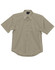 A light beige men's short sleeve button-up shirt with a chest pocket and a logo.
