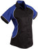 A button-up shirt featuring a tri-colour design with black, blue, and white contrasting panels. It has a pocket and logo.