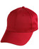 A red polycotton twill cap with a structured design and a front panel. It features a logo on the side.