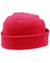 A red polar fleece beanie with a cuffed edge, featuring a logo on the side.