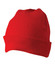 A red acrylic beanie with a ribbed texture and a rolled brim. It features a branding logo.