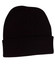 A black acrylic beanie with a classic knitted design and rolled cuff. It features a branding logo.