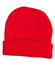 Acrylic beanie in bright red, featuring a ribbed texture and folded cuff. It has a small logo on its side.