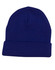 A blue acrylic beanie with a folded ribbed cuff and a smooth crown, featuring a logo on the side.