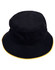 A black bucket hat with a contrasting yellow trim and a small logo detail.
