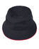 A black bucket hat with a red contrast trim, featuring eyelets and a logo.