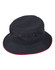 A black bucket hat featuring a contrasting red trim and ventilation eyelets. It has a logo on the side.