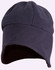 A grey polar beanie with ear covers, featuring a smooth texture and rounded top. It has a logo on the side.