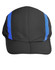 A foldable cap in black with blue stripes, featuring a logo on the front.