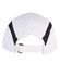A white foldable cap featuring black accent panels and an adjustable strap at the back. Includes a logo.
