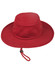 A red surf hat featuring a wide brim and a drawstring for a secure fit, with a small logo detail.