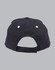 A black structured cap featuring a curved brim and an adjustable back strap. It includes ventilation eyelets.