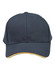 A dark grey cap with a contrasting yellow sandwich peak and eyelets, featuring a branding logo.