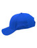 A blue cap with a structured design and a curved brim, featuring a contrasting mesh texture and a logo.