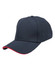 A navy blue cap with a contrasting red brim and a logo on the front.