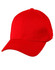 A red pique mesh structured cap featuring a curved brim and an adjustable strap at the back. It includes a logo.