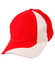 A red and white baseball cap with a curved brim and an embroidered logo.