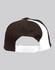 A black baseball cap with a white stripe and an adjustable strap at the back. It has a logo on the side.