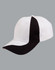 A baseball cap featuring a white and black design, with a logo on the front.
