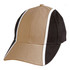 A tri-colour baseball cap featuring black, tan, and white panels, with a curved brim and a rear adjustment strap.